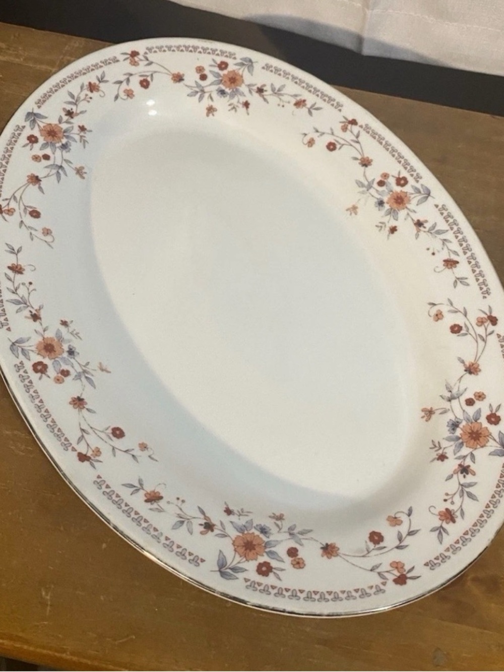 White Porcelain Serving Platter with Rust Floral Border